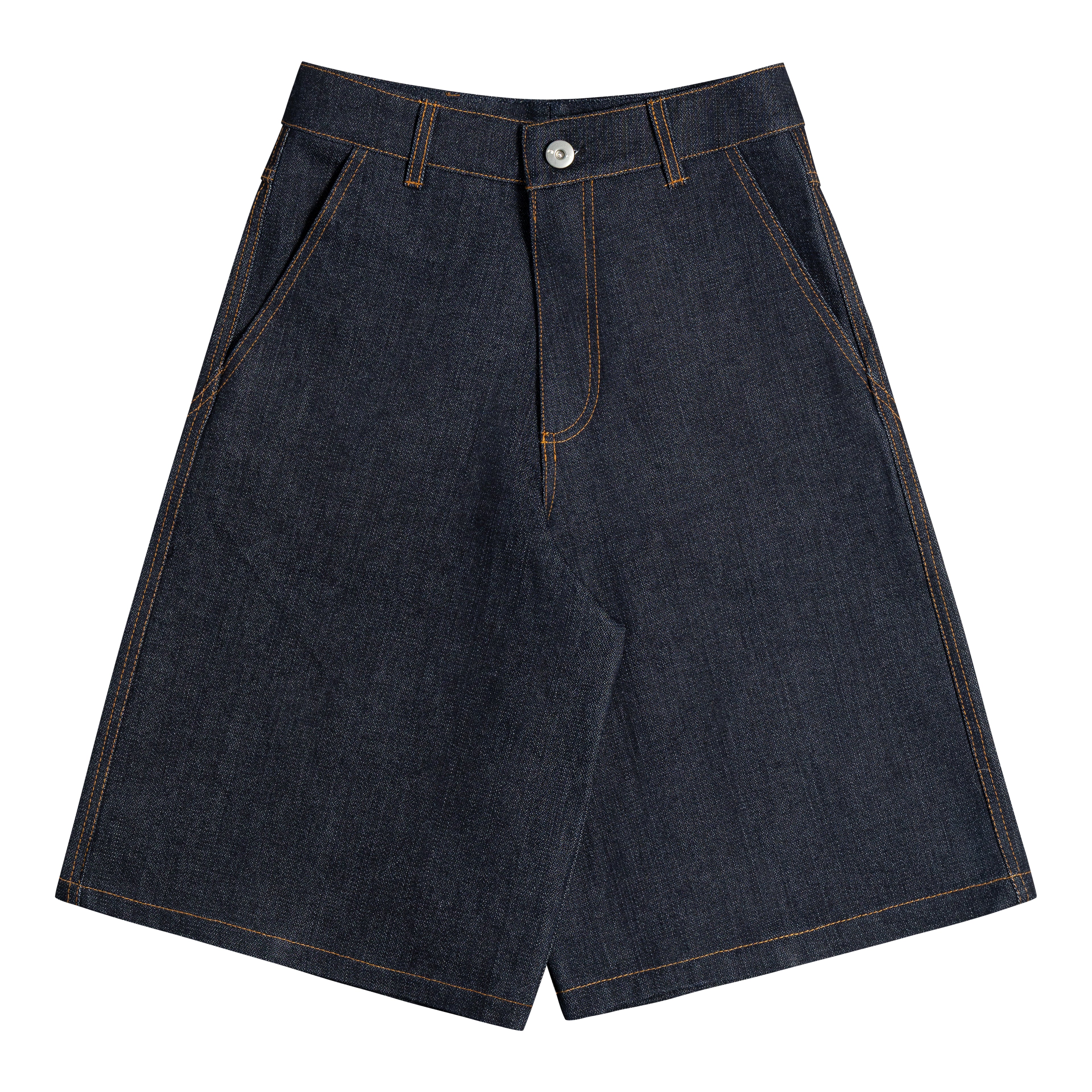 Dark indigo, raw denim shorts with contrast brown-orange stitching, a 'neuricos' logo button, YKK zipper and belt loops, shown flat on a white background.