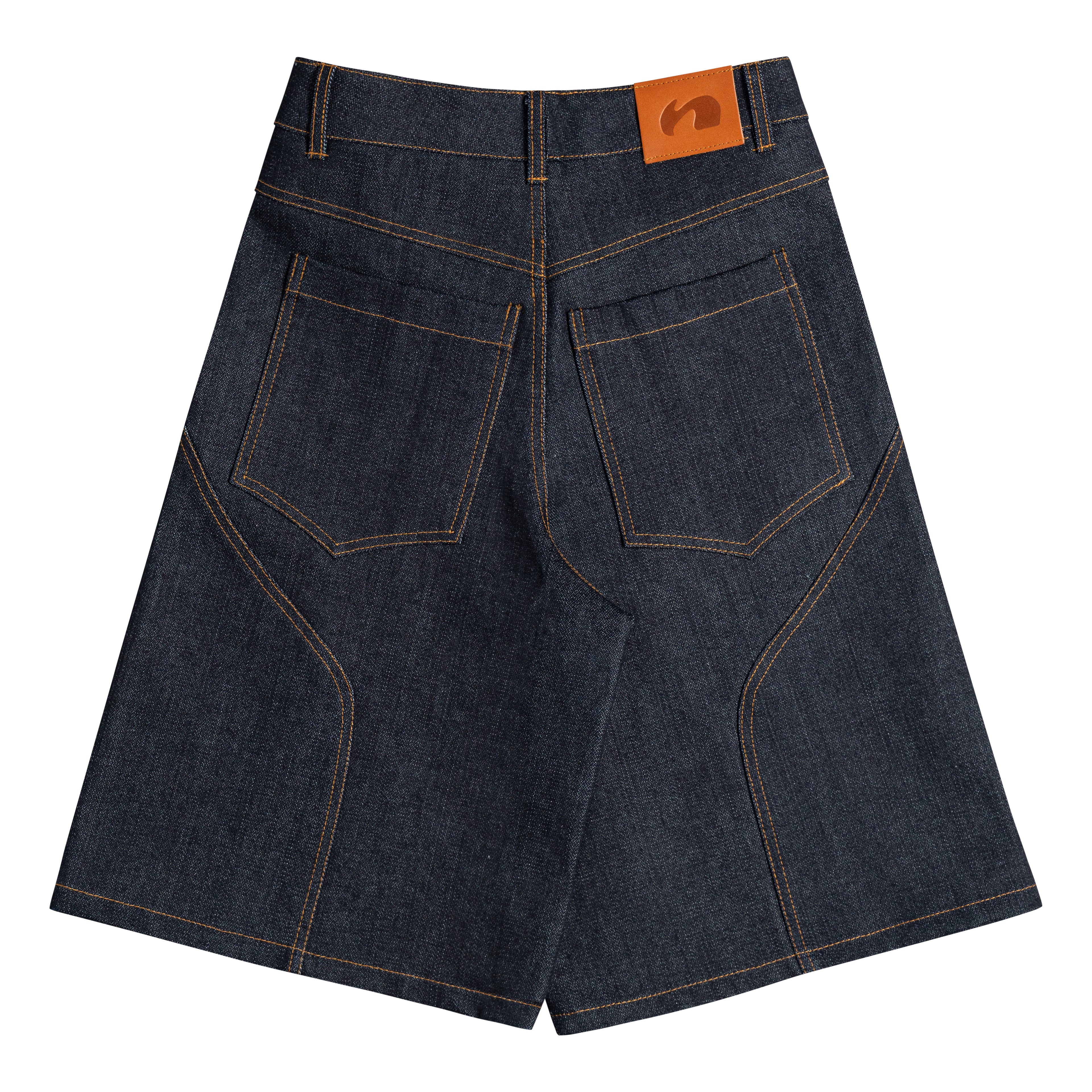 Back view of dark indigo, raw denim shorts with contrast orange-brown stitching, and belt loops and a leather label with the neuricos logo on the waistband, shown flat on a white background.